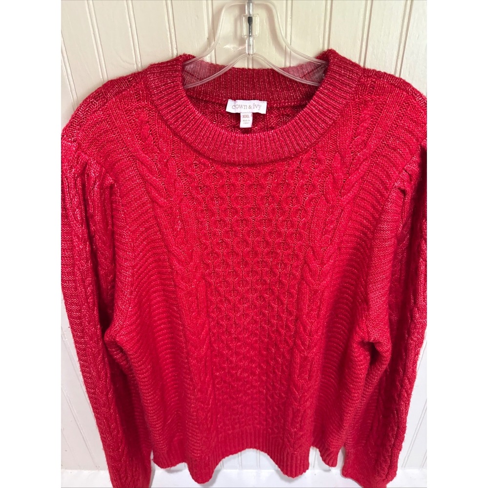 Crown & Ivy Women XXL Red Cable Knit Puff Sleeve Crew Neck Sweater Preppy Spring - Picture 8 of 8